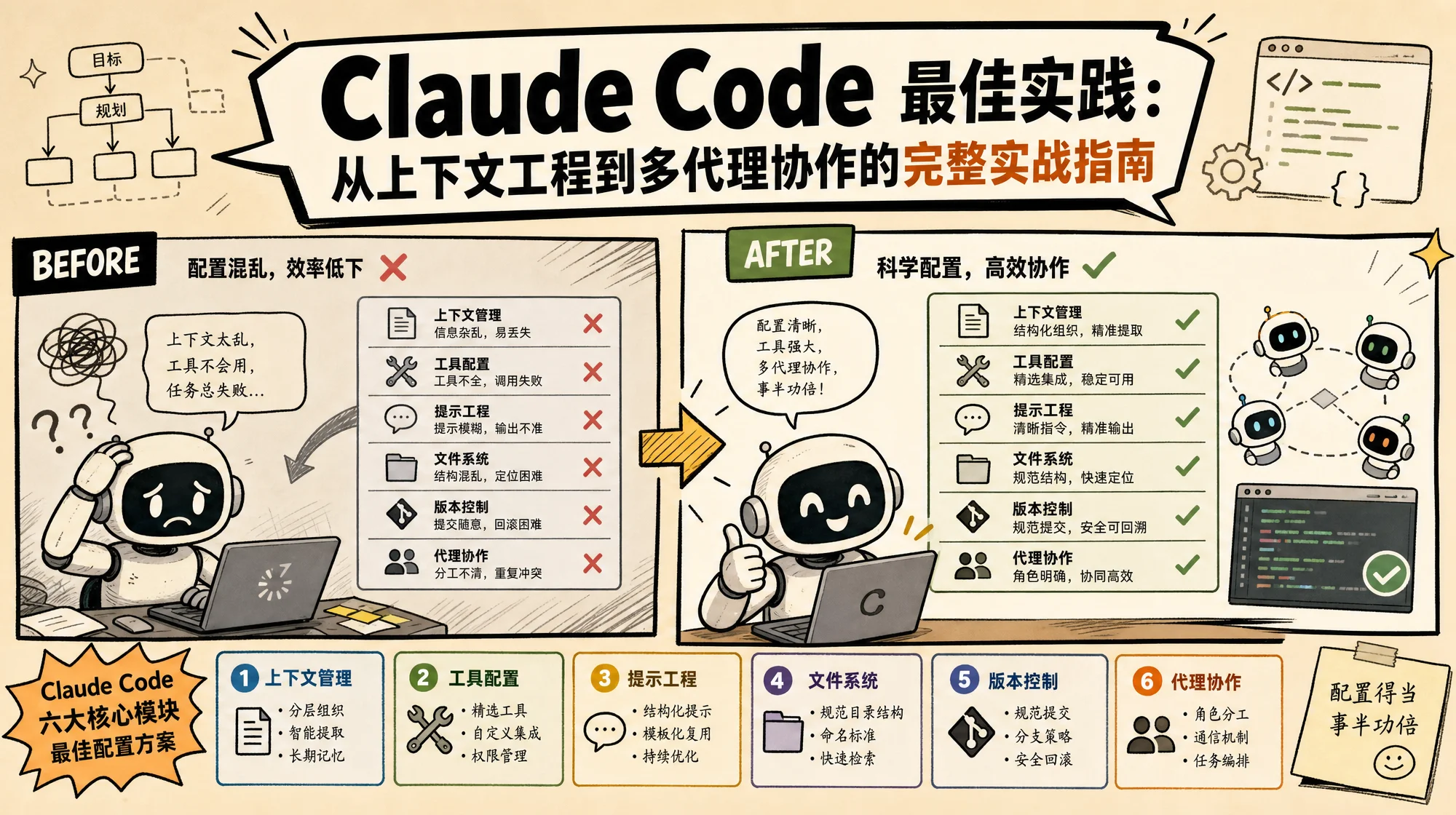 Claude Code 最佳实践指南封面：漫画分格风格的六大模块配置图