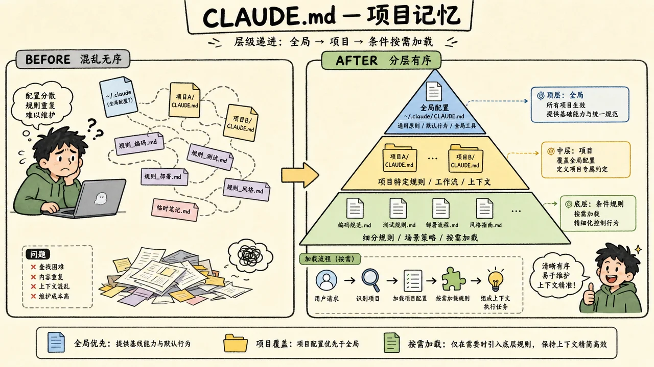 CLAUDE.md 层级设计示意:全局配置在顶层,项目配置在中间,条件规则在底层按需加载