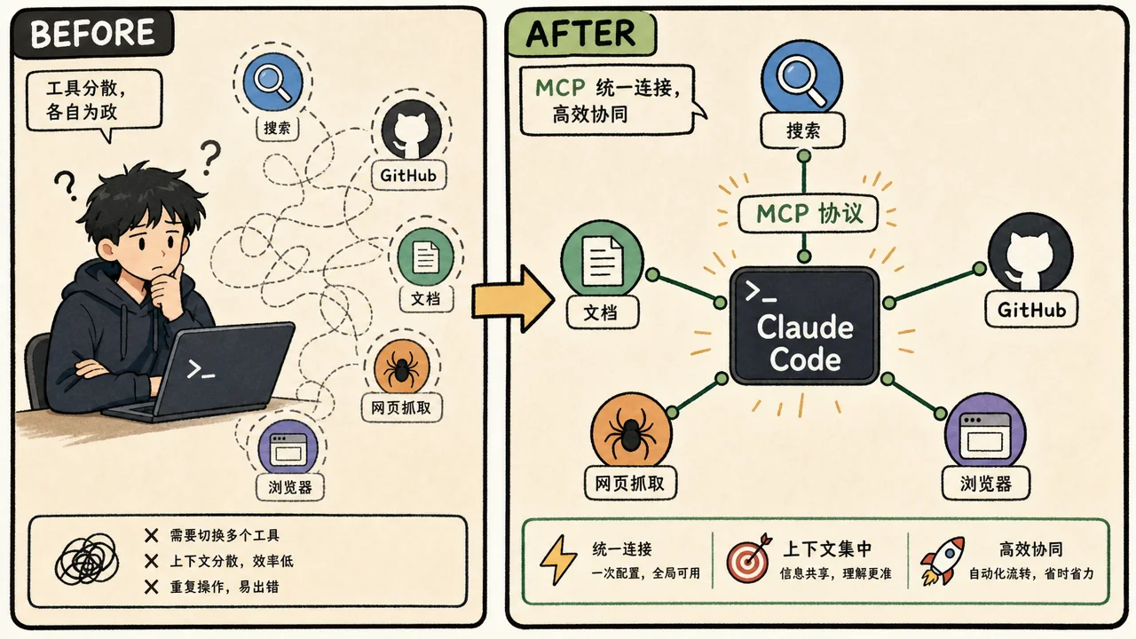 MCP 工具连接示意:Claude Code 通过 MCP 协议连接搜索、GitHub、文档、网页抓取、浏览器五个外部服务
