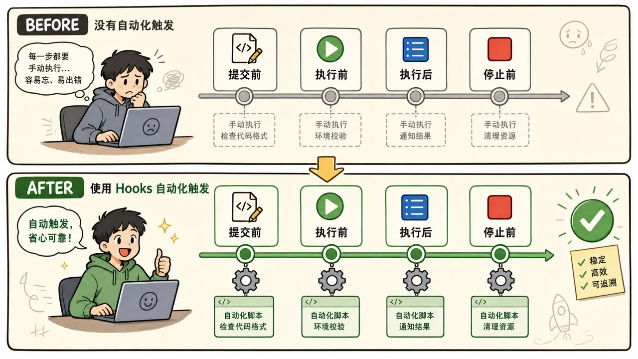 Hooks 工作流示意:四个检查点分别挂在提交前、执行前、执行后、停止前