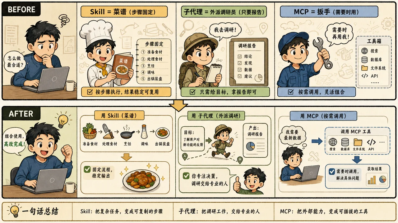 Skill、子代理和 MCP 三种工具的对比:菜谱、调研员和扳手