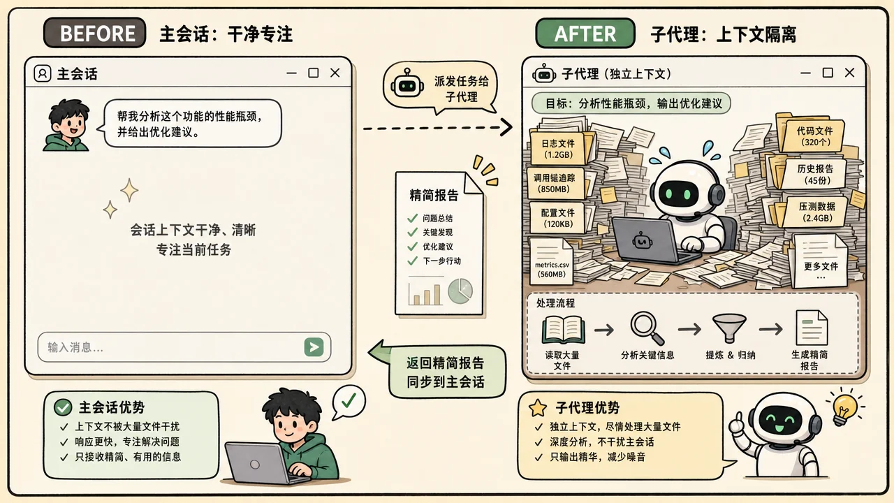子代理上下文隔离示意:主会话保持干净,独立窗口读文件后只传回精简报告