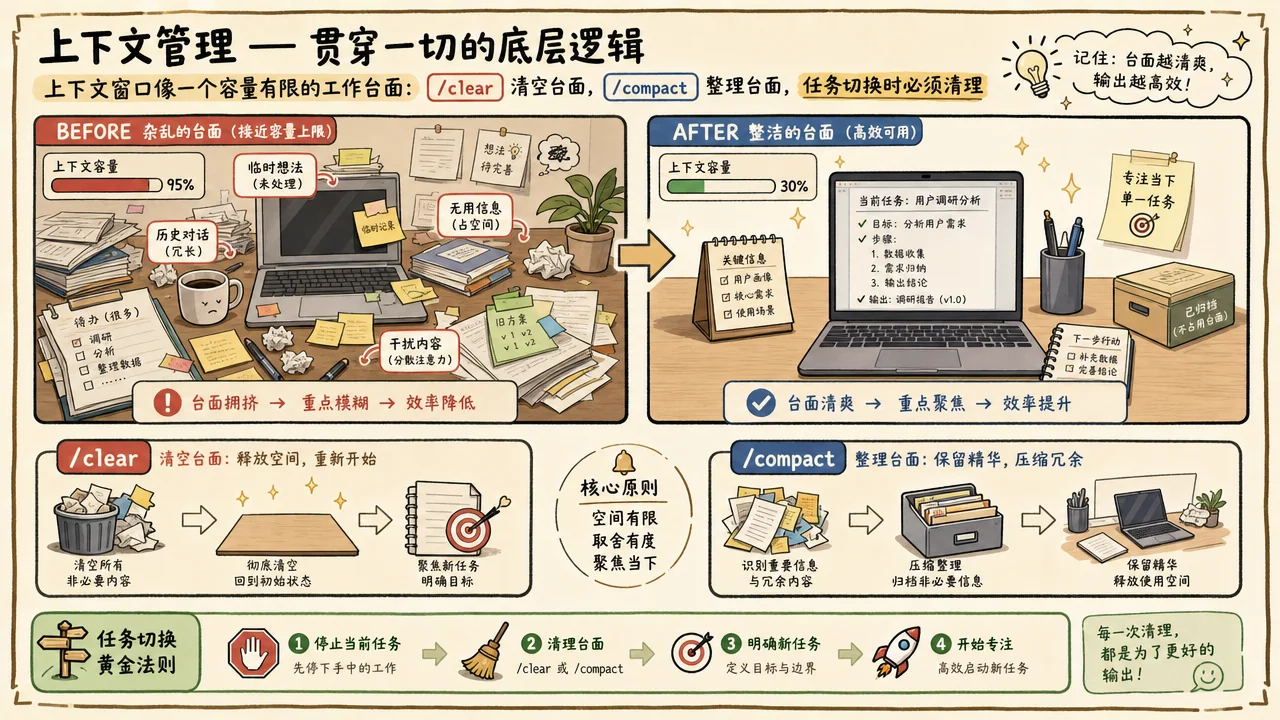 上下文管理示意:工作台面 before/after 对比,杂乱 vs 整洁