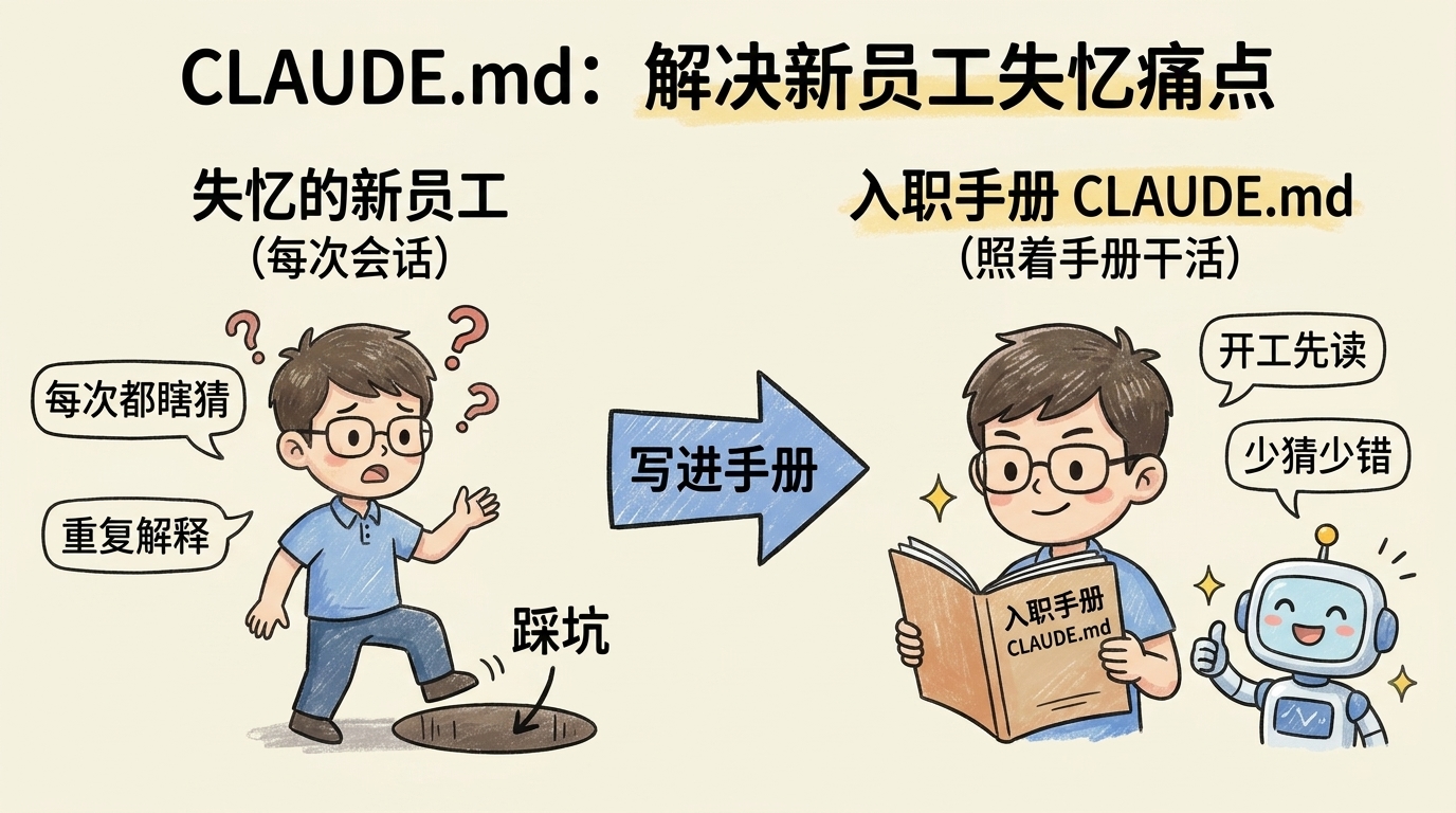 CLAUDE.md 作用示意：把失忆的新会话新员工，靠一本项目入职手册从反复瞎猜变成照册干活
