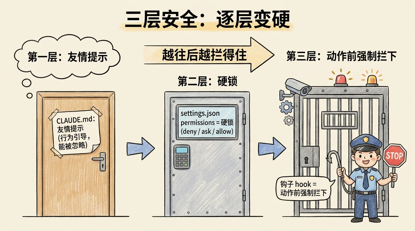 Claude Code 三层安全示意：CLAUDE.md 友情提示、settings.json 硬锁、钩子强制拦下，逐层变硬
