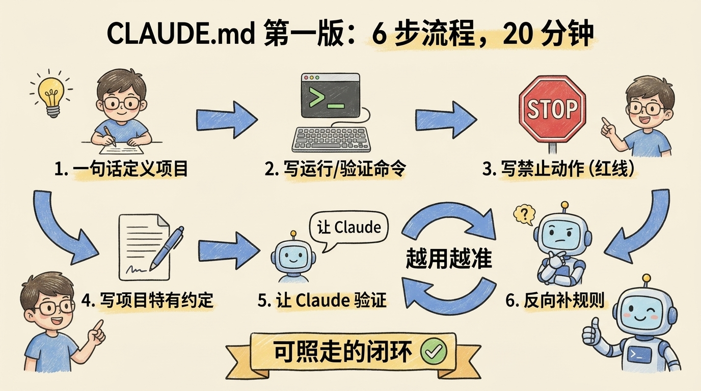 写第一版 CLAUDE.md 的 6 步流程：从一句话说明到反向补规则，第5、6步回环表达越用越准