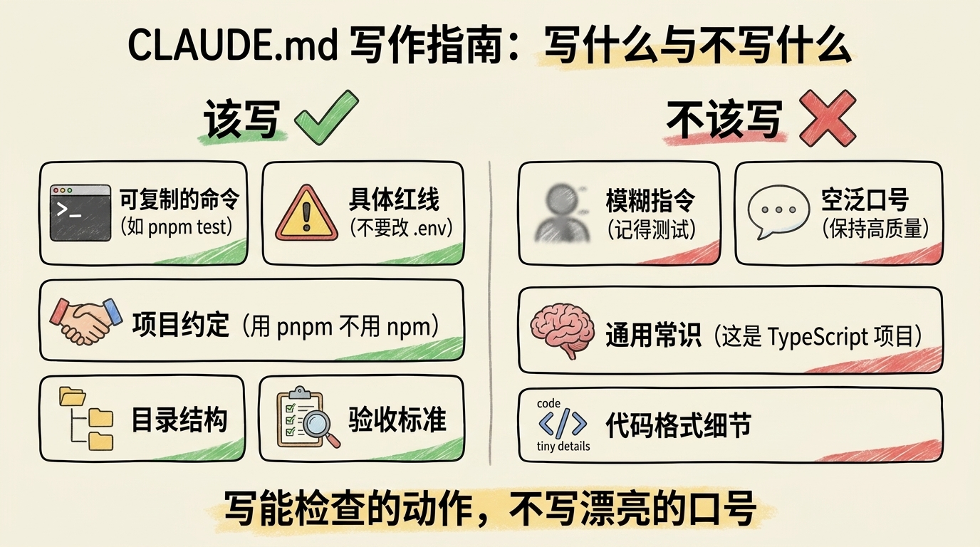 CLAUDE.md 该写什么不该写什么对照：左栏可复制命令与具体红线，右栏模糊口号与通用常识