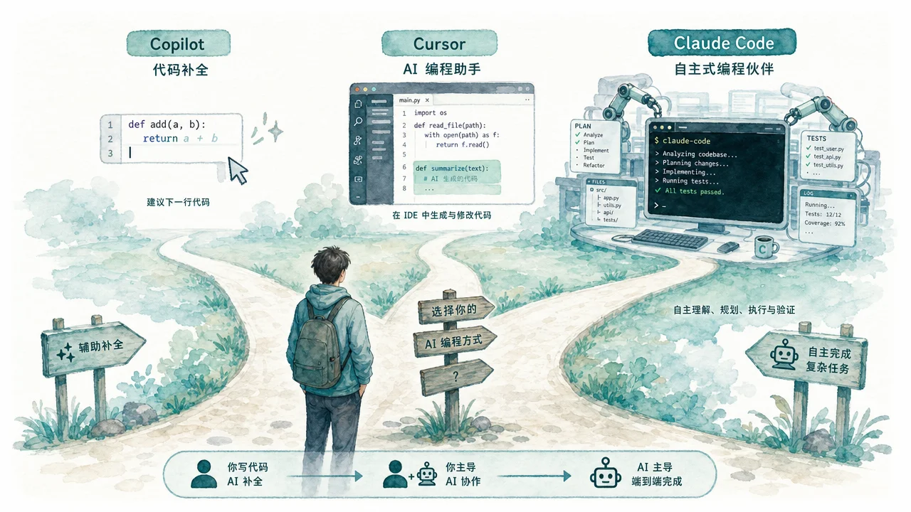 三条路径分别代表 Copilot 补全、Cursor IDE 内联和 Claude Code 终端 Agent 三种 AI 编程范式