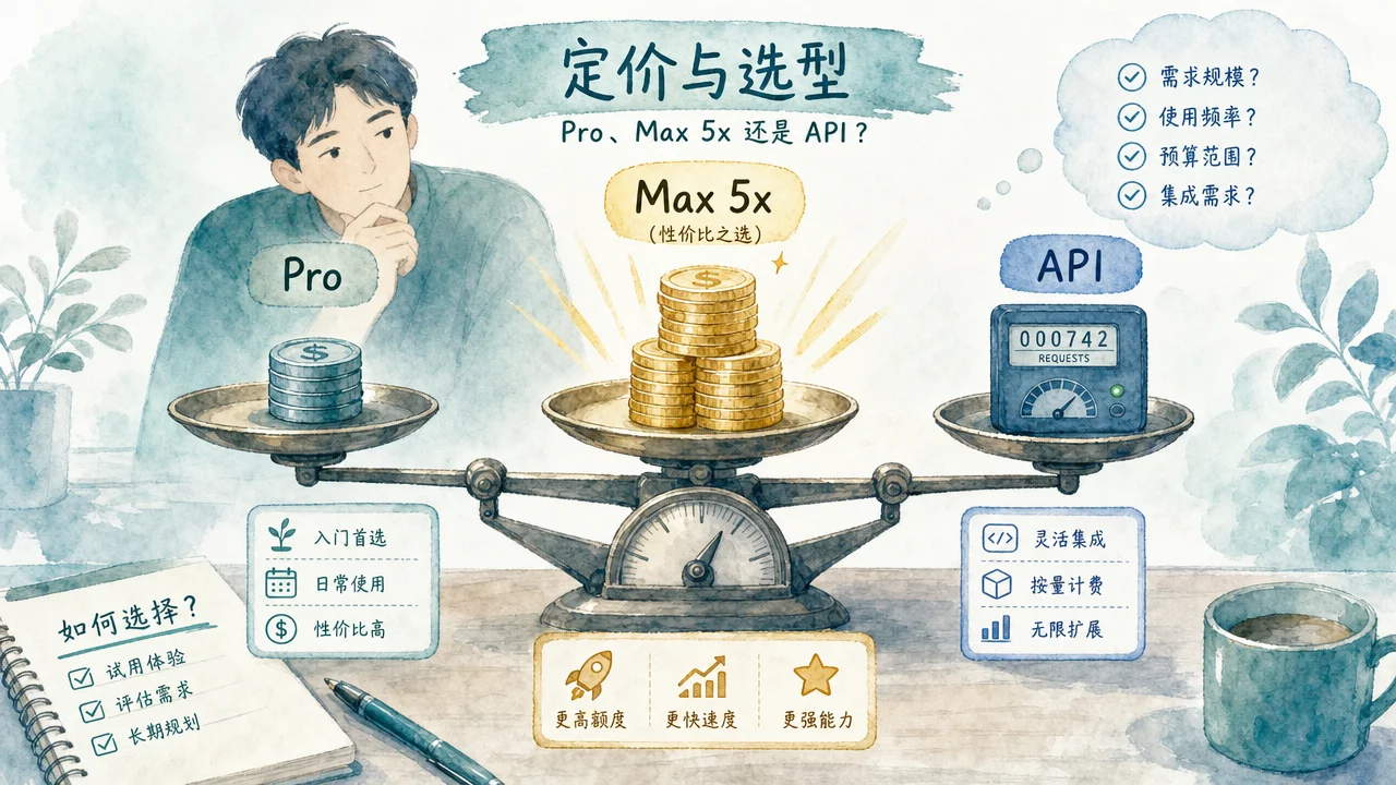 天平秤对比 Pro、Max 5x 和 API 三种定价方案,Max 5x 位于最佳性价比的中间位置