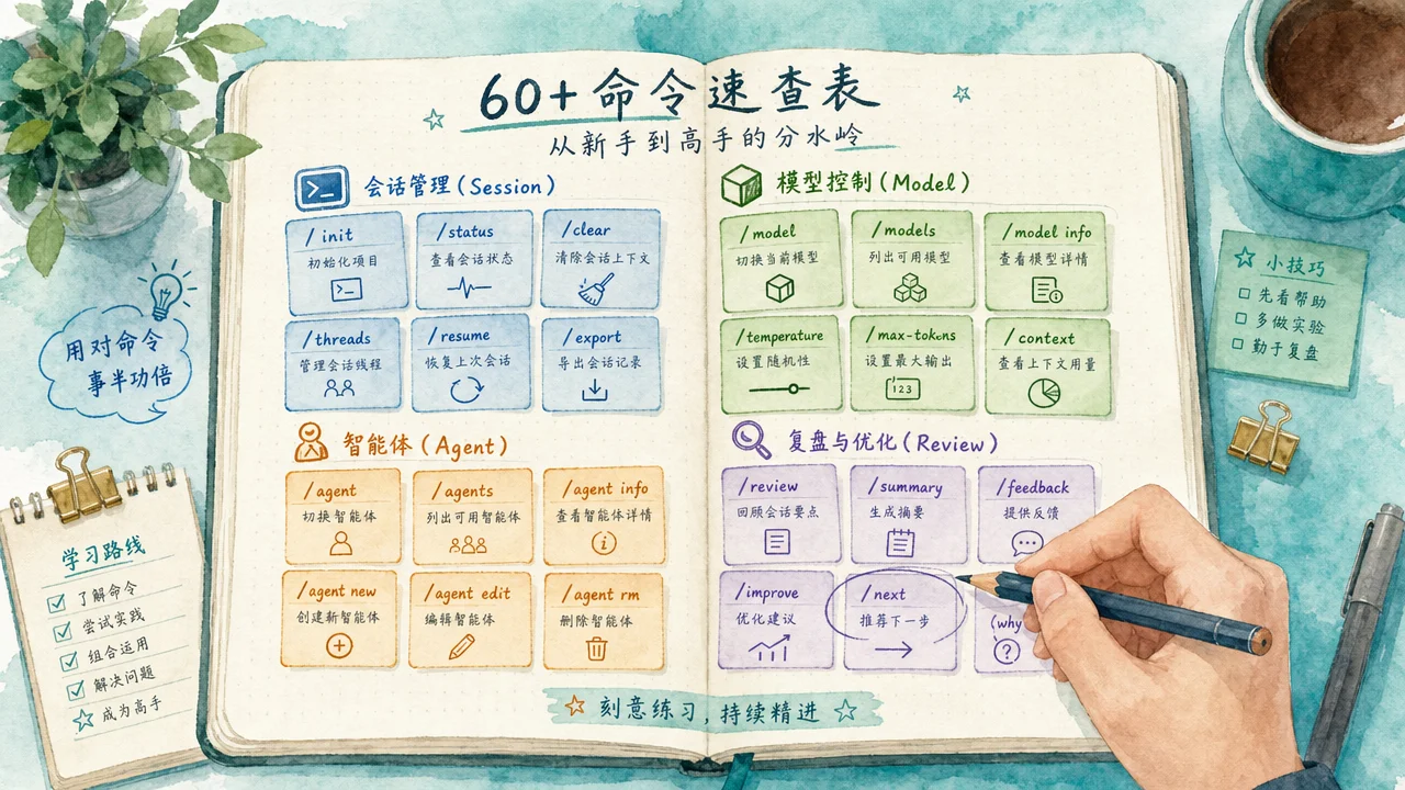 打开的笔记本上排列着按颜色分组的命令速查卡片,一只手正在圈画关键命令