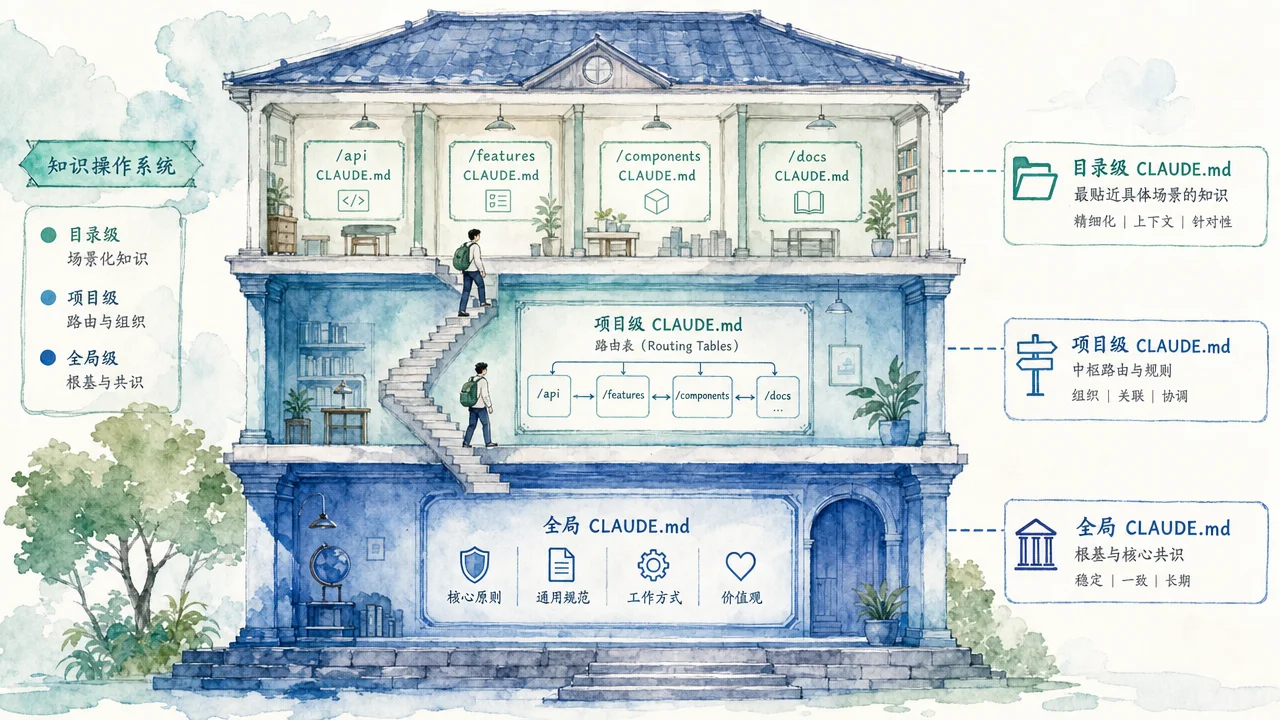 三层建筑剖面图展示 CLAUDE.md 的知识架构层级:全局层、项目层和目录层