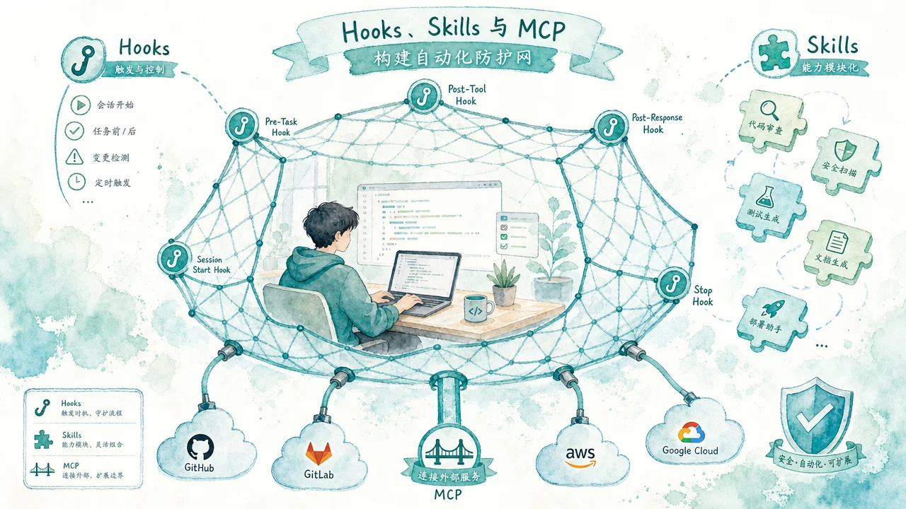 由 Hooks、Skills 和 MCP 组成的防护网环绕着中央代码工作区,开发者在其中安全编码