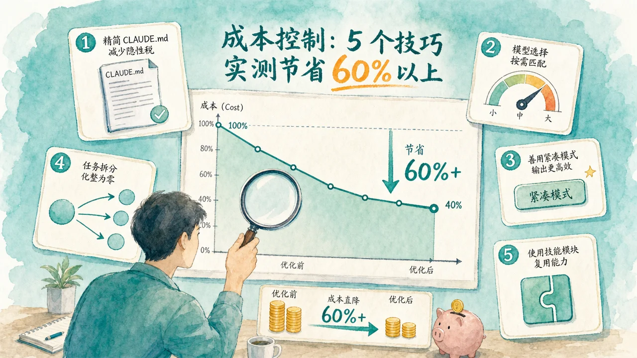 用放大镜审视下降的成本曲线图,周围漂浮着五个编号的优化技巧卡片