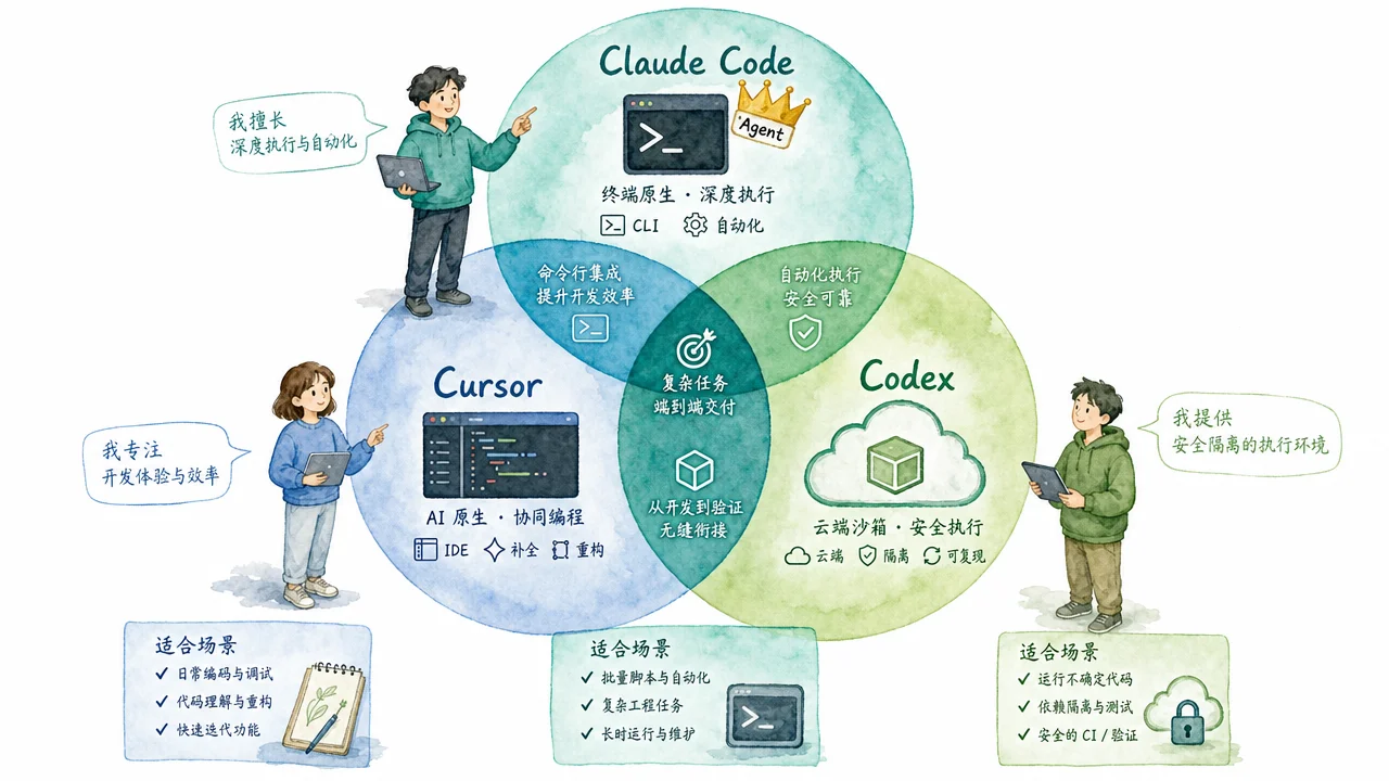 三圆韦恩图展示 Claude Code、Cursor 和 Codex 各自的生态位与互补关系