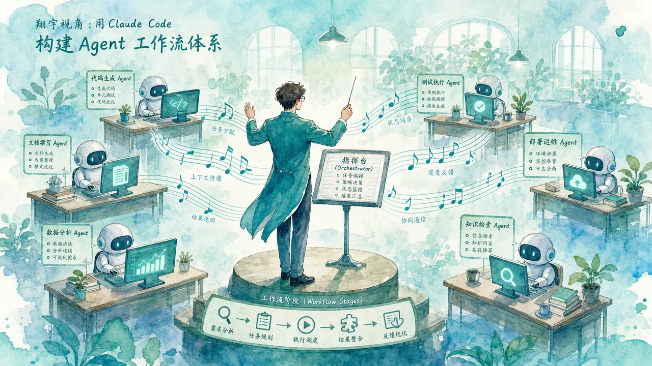 指挥者在共享工作空间中编排多个自主 Agent,每个 Agent 在独立工位上处理不同任务