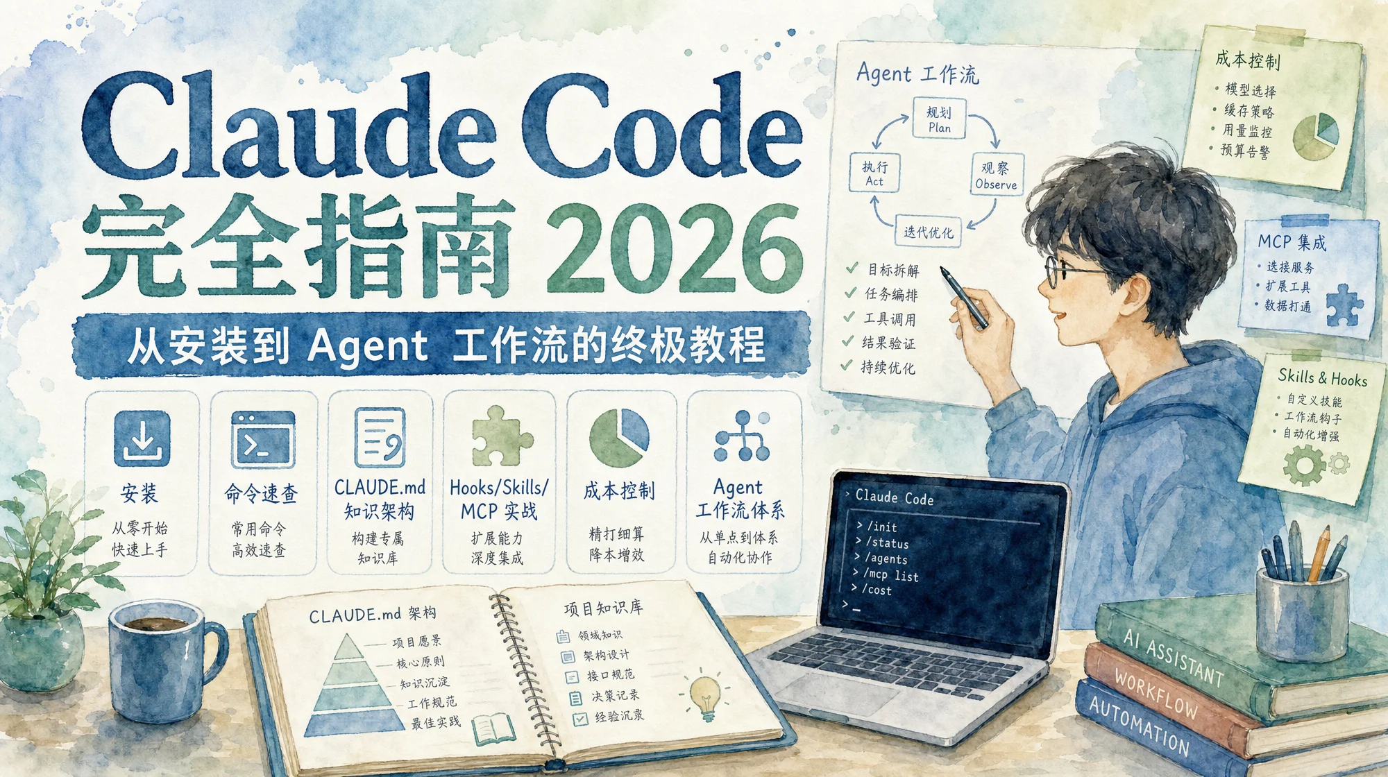 Claude Code 2026 完全指南封面：水彩风格的开发者在终端前构建 Agent 工作流