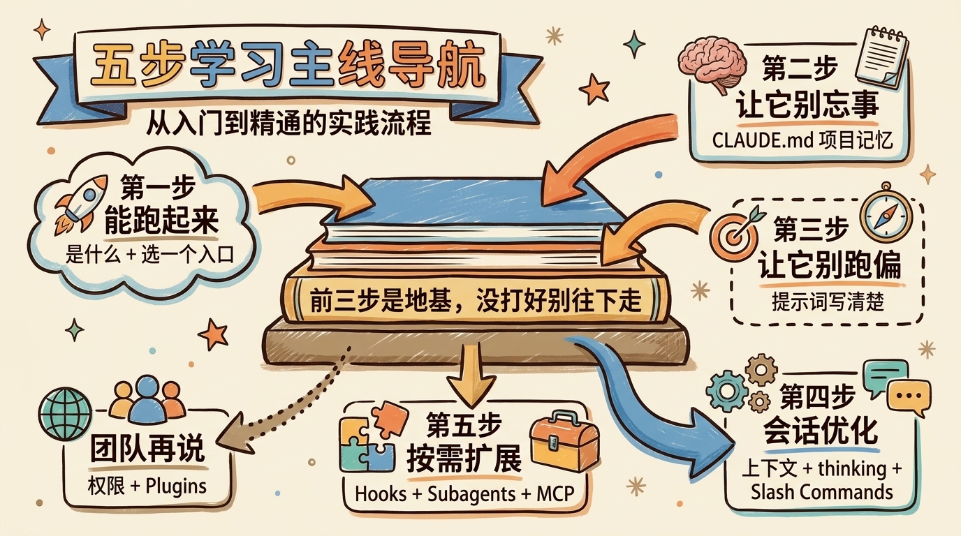 Claude Code 学习顺序主线：能跑、别忘事、别跑偏、再优化、才扩展的五步流程