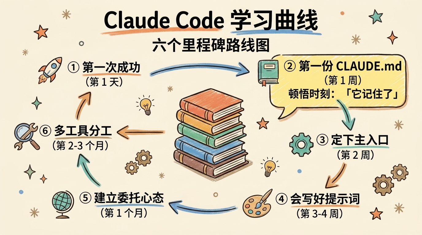 Claude Code 学习曲线六个里程碑：从第一次成功到多工具分工，第 1 周写完 CLAUDE.md 是顿悟时刻