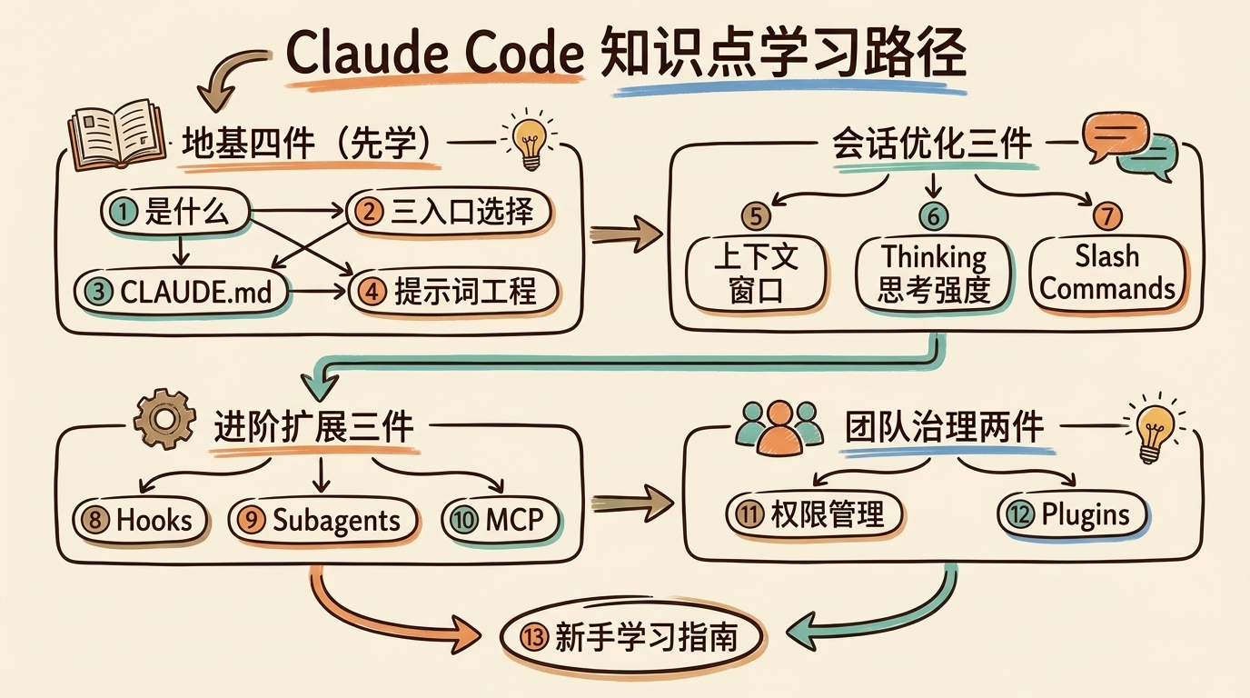 Claude Code 13 个知识点四组思维导图：地基四件、会话优化三件、进阶扩展三件、团队治理两件