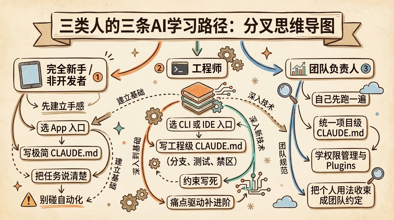 三类人三条 Claude Code 学习路径：完全新手、工程师、团队负责人各走各的路
