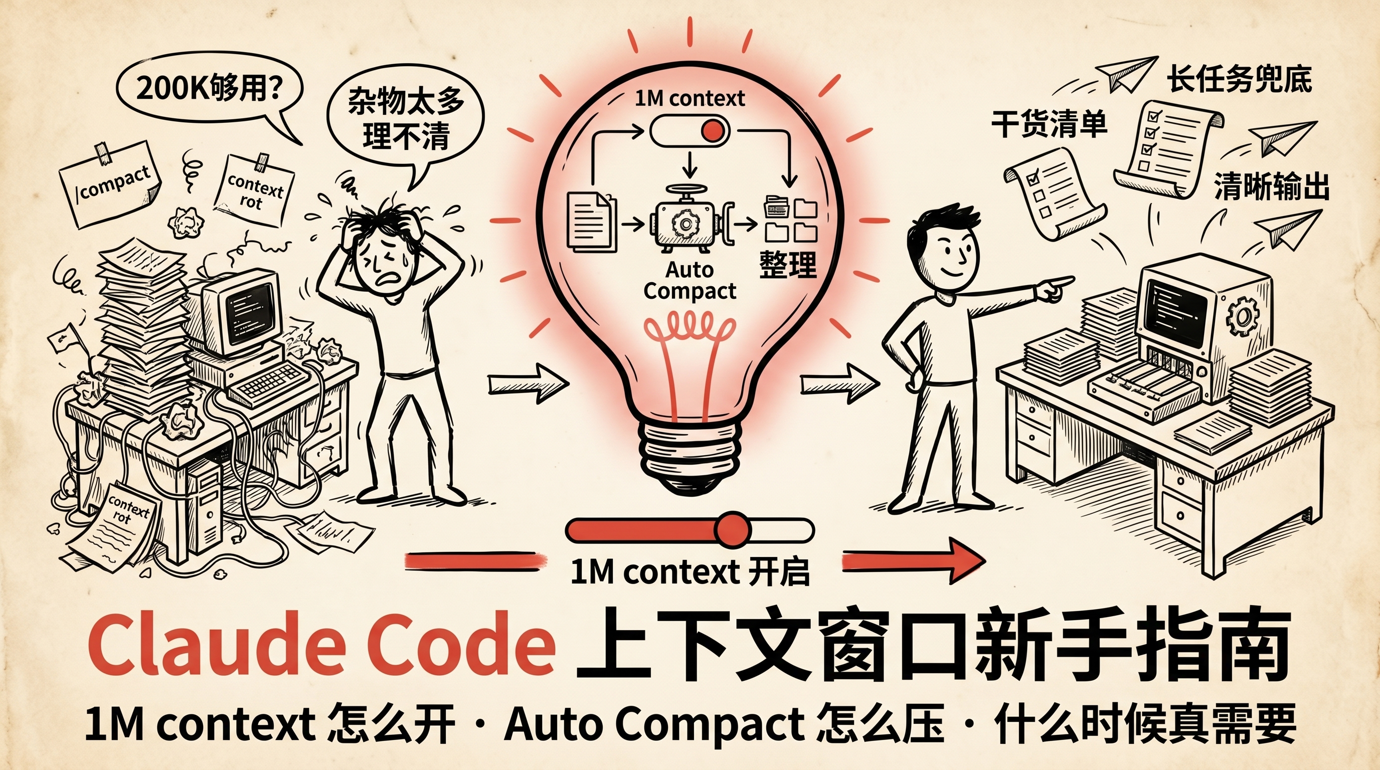 Claude Code 上下文窗口新手指南封面：把 1M context 比作变大的工作台，仍要整理材料，配 Auto Compact 与 context rot 关键词