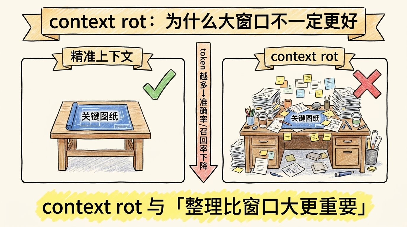 context rot 上下文衰减示意:左边一张干净小工作台只摊开一张关键图纸代表精准上下文,右边一张被便签和文件堆满的大工作台把关键图纸埋住代表 token 越多准确率召回率反而下降