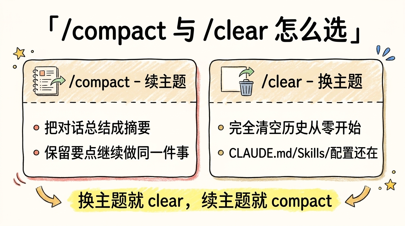Claude Code 的 /compact 与 /clear 怎么选对照图:/compact 把对话总结成摘要保留要点续做同一件事,/clear 完全清空历史从零开始但配置还在,口诀是换主题就 clear、续主题就 compact