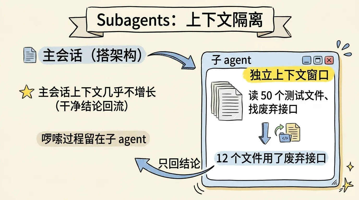 Subagents 子智能体上下文隔离流程图：主会话搭架构派子 agent 在独立上下文窗口里读 50 个测试文件找废弃接口，只回一句结论给主会话，啰嗦过程留在子 agent、主会话上下文几乎不增长
