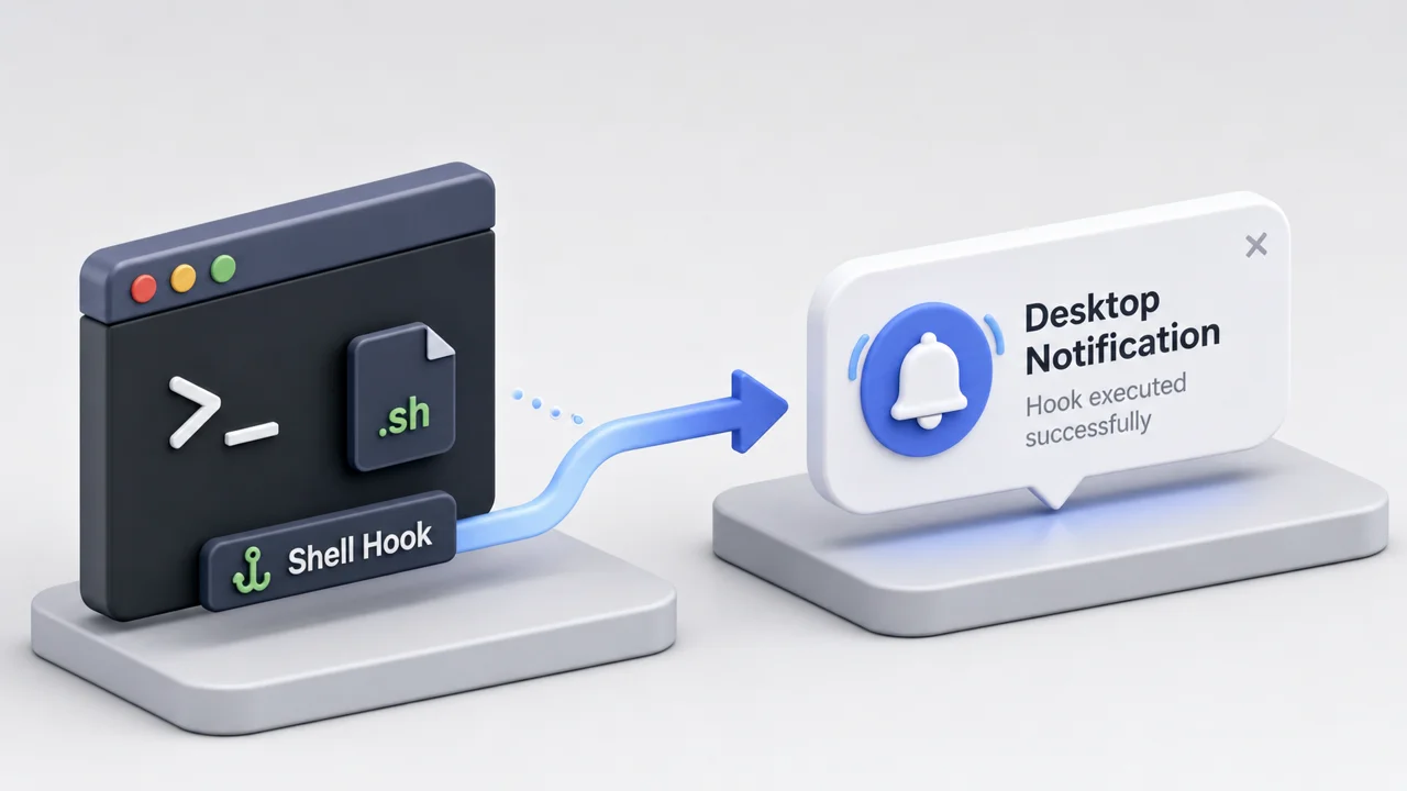 Hooks 原生通知方案示意图:Shell 脚本钩子从终端触发桌面通知气泡的单向数据流