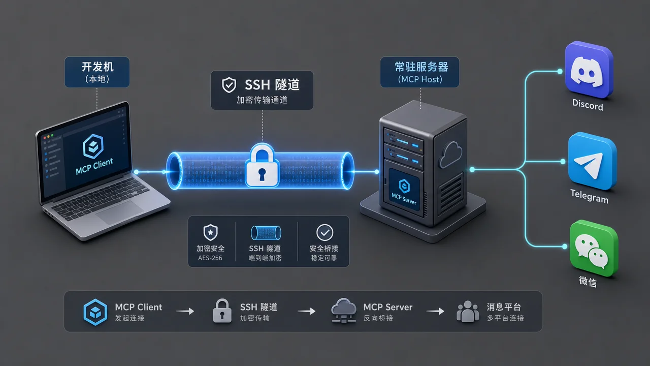 Hermes MCP 反向桥接架构图:SSH 加密隧道连接开发机与常驻服务器,扇出到 Discord、Telegram、微信