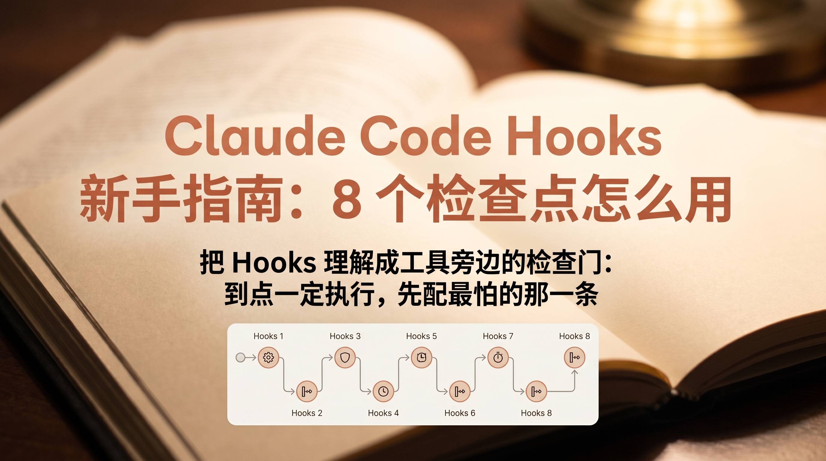 Claude Code Hooks 新手指南封面：把 Hooks 理解成工具旁边的检查门，按时间线串起会话开始、工具动手前后到会话结束的 8 个生命周期触发点