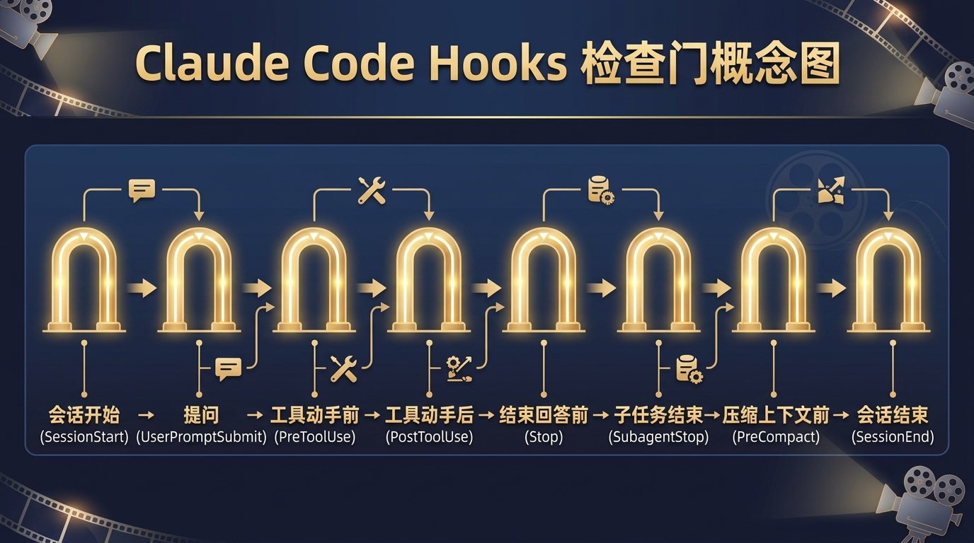 Claude Code Hooks 检查门概念图:从会话开始到会话结束按时间线排开 8 个生命周期触发点,包括 SessionStart、UserPromptSubmit、工具动手前的 PreToolUse、工具动手后的 PostToolUse、Stop、SubagentStop、PreCompact、SessionEnd