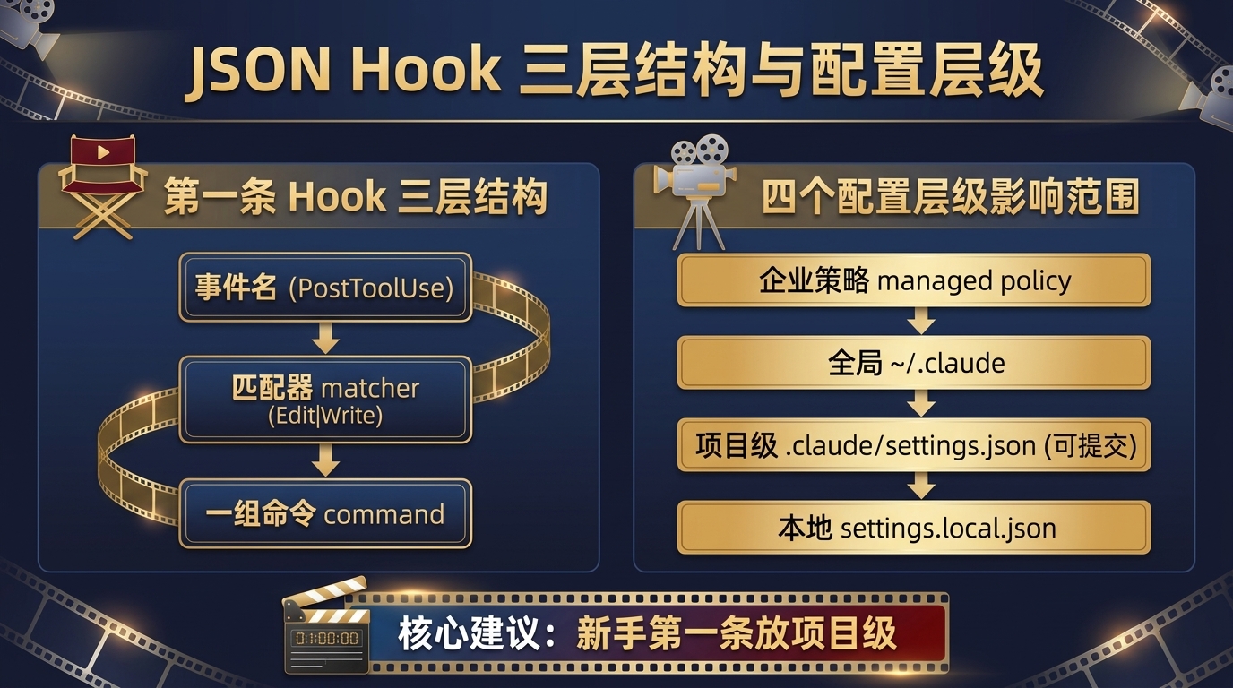 Claude Code Hooks 第一条配置拆解图:左侧是一条 hook 的事件名、匹配器 matcher、命令三层嵌套结构,右侧是企业策略、全局、项目级、本地四个配置层级的影响范围,新手第一条建议放项目级