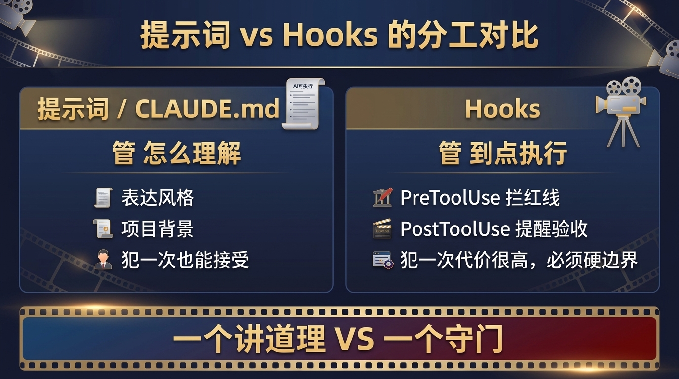 提示词与 Claude Code Hooks 的分工对比图:左侧提示词和 CLAUDE.md 管「怎么理解」,处理表达风格、项目背景这类犯一次也能接受的需求;右侧 Hooks 管「到点执行」,用 PreToolUse 拦红线、PostToolUse 提醒验收,处理犯一次代价很高的硬边界
