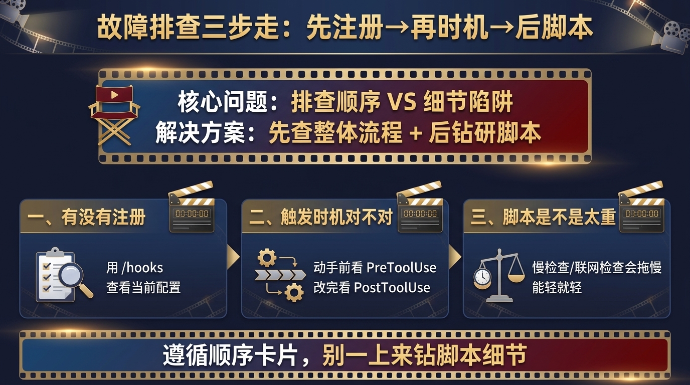 Claude Code Hooks 故障排查三步顺序图:第一步用 /hooks 确认有没有注册,第二步检查触发时机对不对(动手前看 PreToolUse、改完看 PostToolUse),第三步看脚本是不是太重,建议按顺序排查而不是一上来钻脚本细节