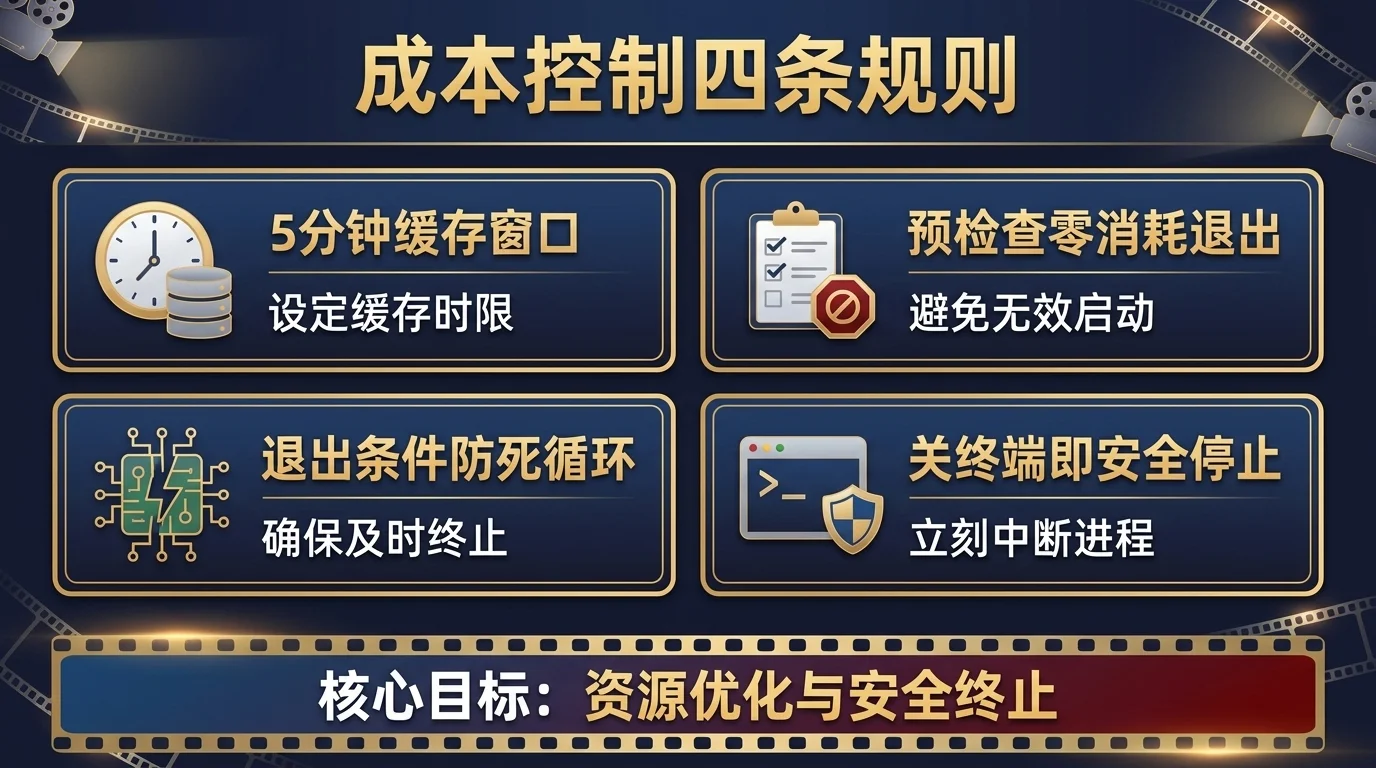 /loop 成本控制四条规则:5 分钟缓存窗口保持低成本、预检查零消耗退出、退出条件防死循环、关终端即安全停止