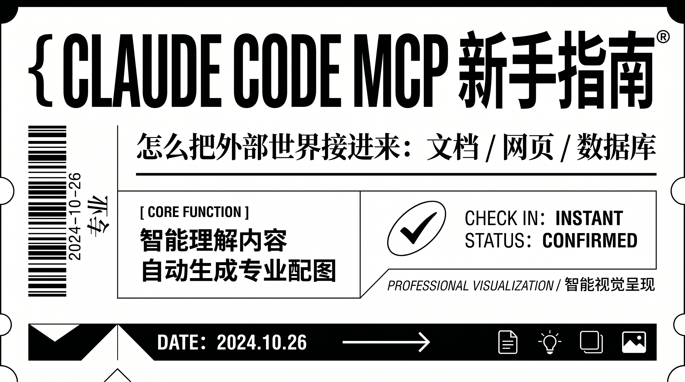 Claude Code MCP 新手指南封面：黑白极简票据版式呈现如何把外部世界（库文档、网页、数据库）接进 Claude Code，配核心功能与状态确认标识