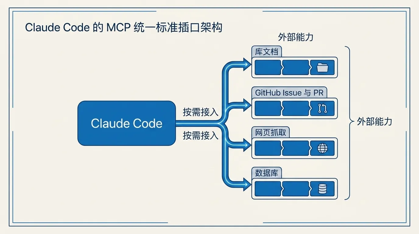 Claude Code 通过 MCP 标准插口按需接入库文档、GitHub Issue 与 PR、网页抓取、数据库四类外部能力的模块化示意图