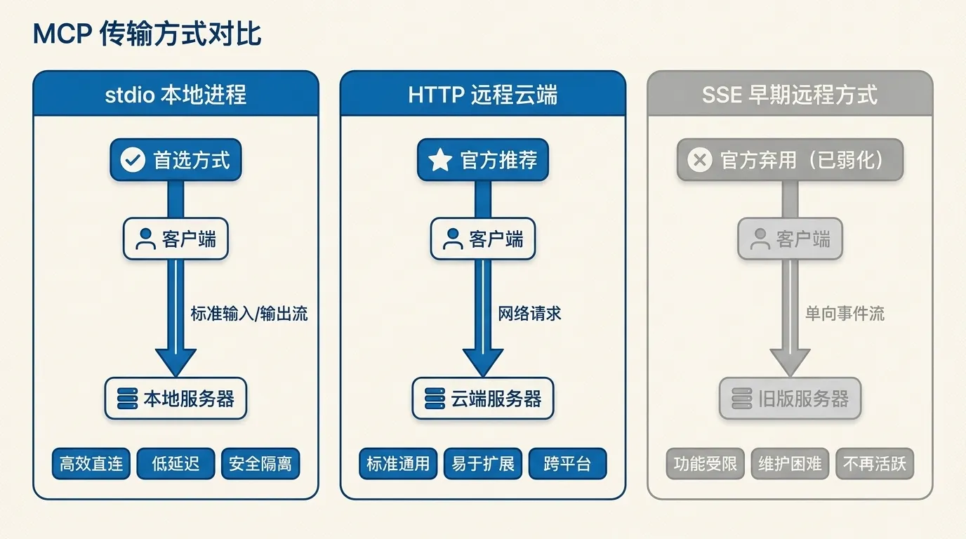 MCP 三种传输方式对比图：HTTP 远程云端为官方推荐、stdio 本地进程为首选、SSE 早期远程方式已被官方弃用并标灰弱化