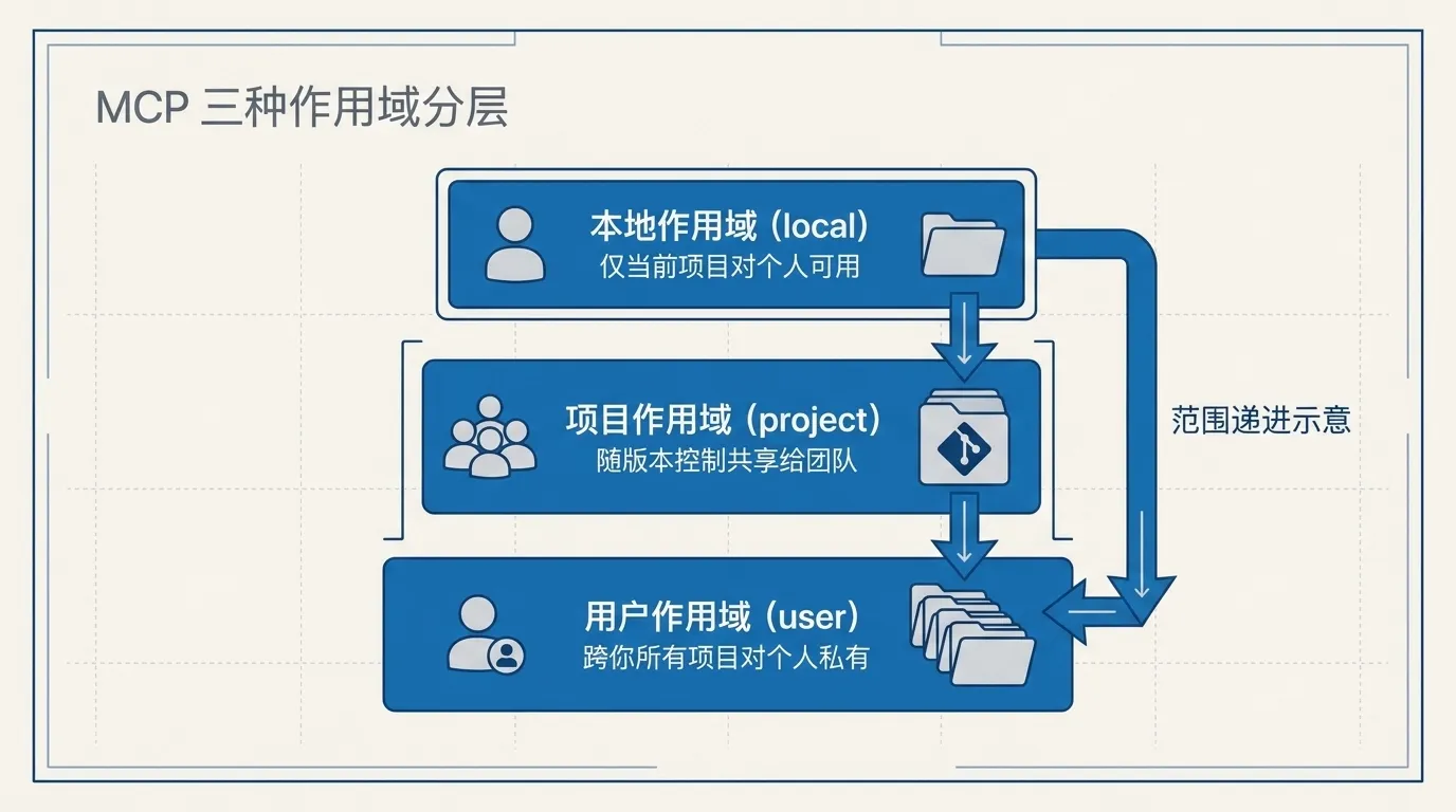 MCP 三种作用域分层图：local 仅当前项目对个人可用、project 写进项目根随版本控制共享给团队、user 跨你所有项目对个人私有