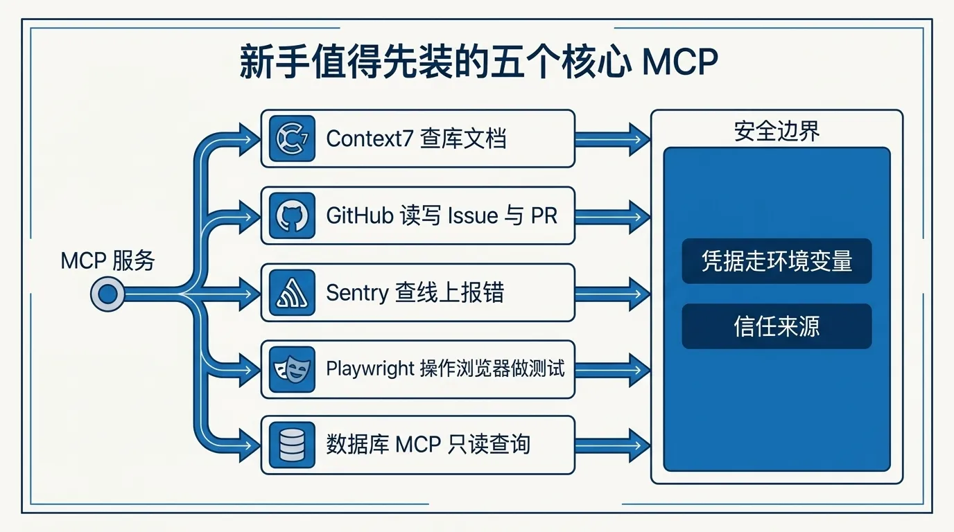 新手值得先装的五个核心 MCP 盘点图：Context7 查库文档、GitHub 读写 Issue 与 PR、Sentry 查线上报错、Playwright 操作浏览器做测试、数据库 MCP 只读查询，统一收束到凭据走环境变量、信任来源的安全边界