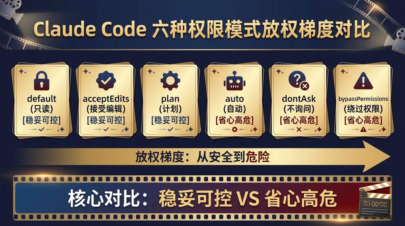 Claude Code 六种权限模式的放权梯度对比:从最稳的 default 只读到最猛的 bypassPermissions 绕过权限,default、acceptEdits、plan 偏稳妥可控,auto、dontAsk、bypassPermissions 偏省心高危