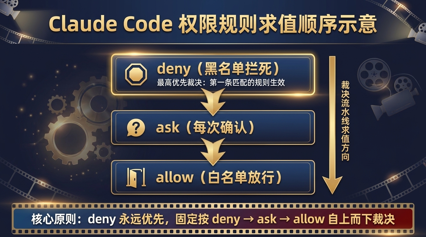 Claude Code 权限规则三个数组 allow 白名单放行、ask 每次确认、deny 黑名单拦死的求值顺序示意:固定按 deny → ask → allow 裁决,deny 永远优先、第一条匹配的规则生效