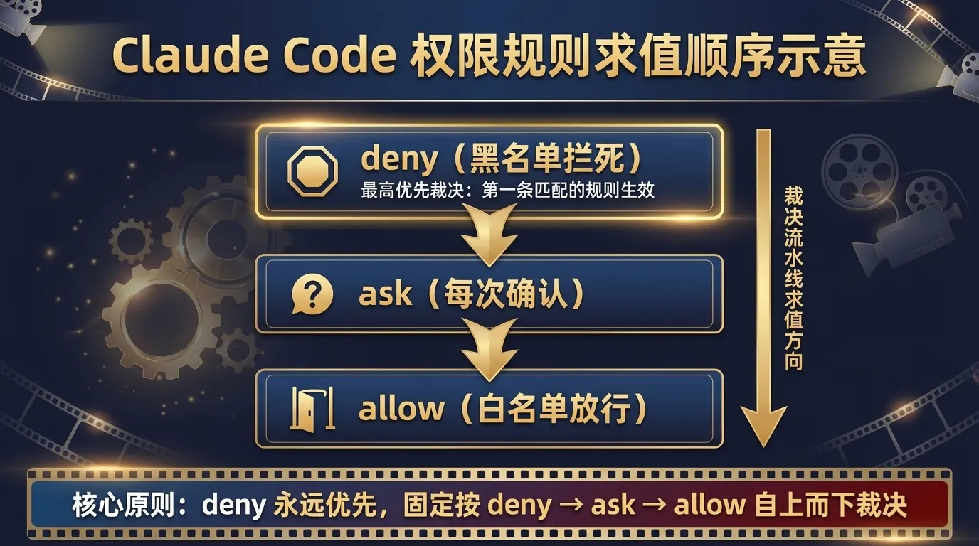 Claude Code 权限规则三个数组 allow 白名单放行、ask 每次确认、deny 黑名单拦死的求值顺序示意：固定按 deny → ask → allow 裁决，deny 永远优先、第一条匹配的规则生效