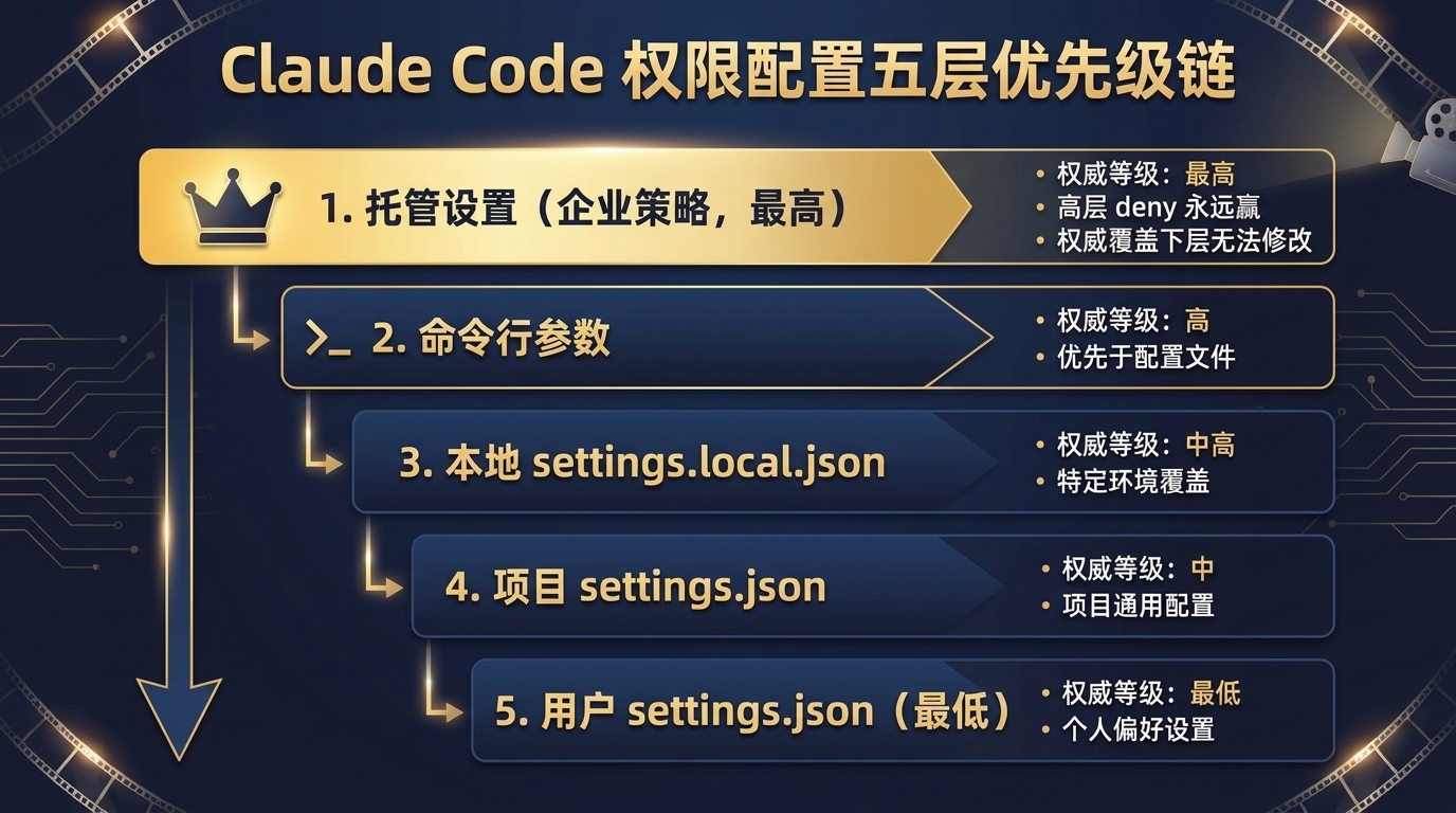 Claude Code 权限配置五层优先级链示意:托管设置与命令行参数为高优先级,本地 settings.local.json、项目 settings.json、用户 settings.json 依次降低,高层 deny 永远赢、权威覆盖下层无法修改
