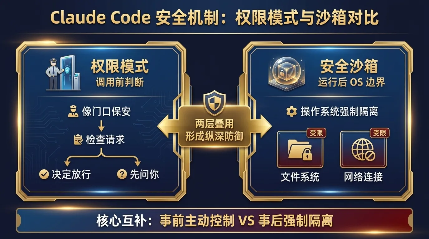 Claude Code 安全沙箱与权限模式互补两层对比：权限模式在调用之前像门口保安检查请求决定放行或拦截，安全沙箱在命令运行之后用操作系统强制隔离文件系统与网络连接，两层叠用形成纵深防御