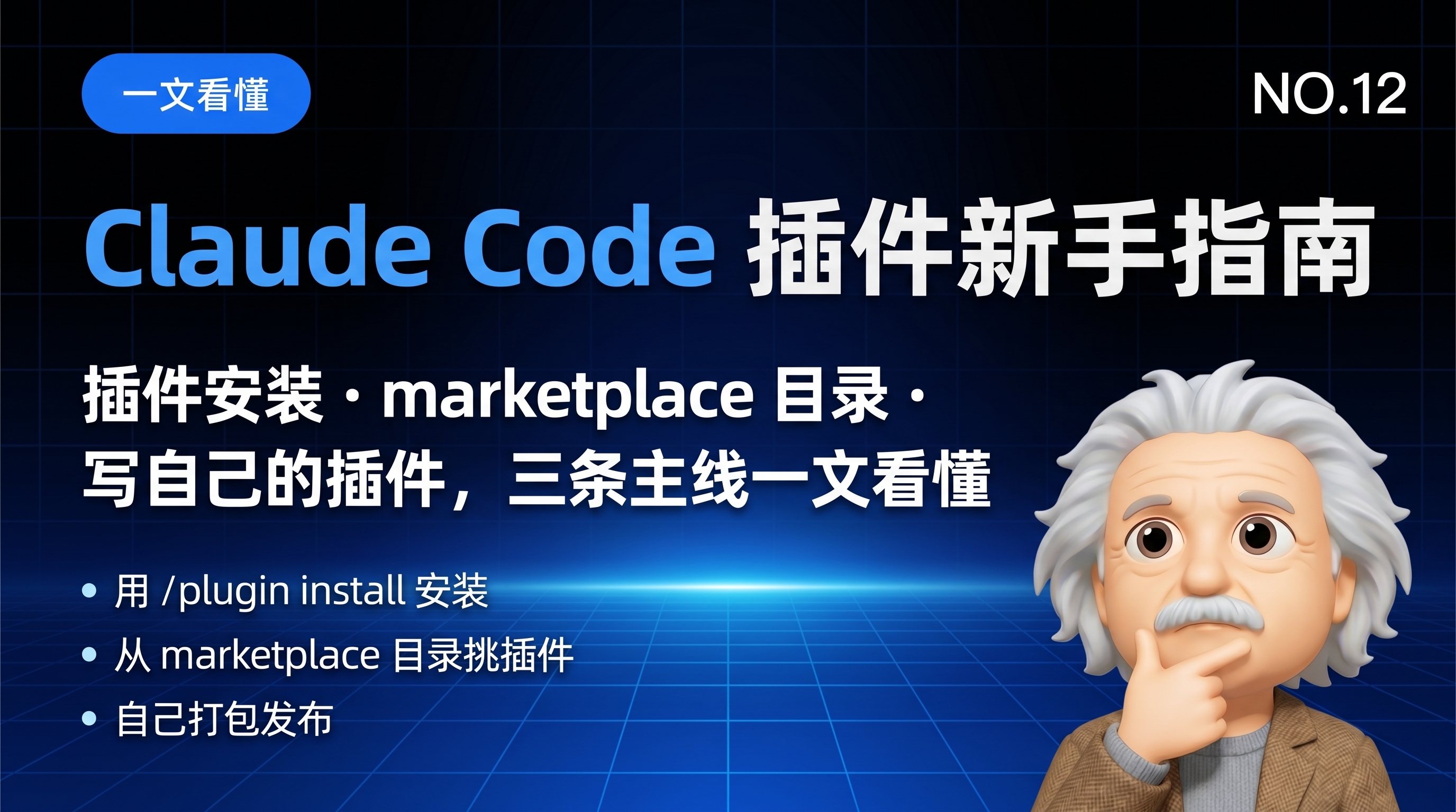 Claude Code 插件新手指南封面，深蓝网格科技版式以编号呈现插件生态三条主线：用 /plugin install 安装插件、从 marketplace 目录挑插件、自己打包发布，带新手装好第一个插件并跑通整条流程