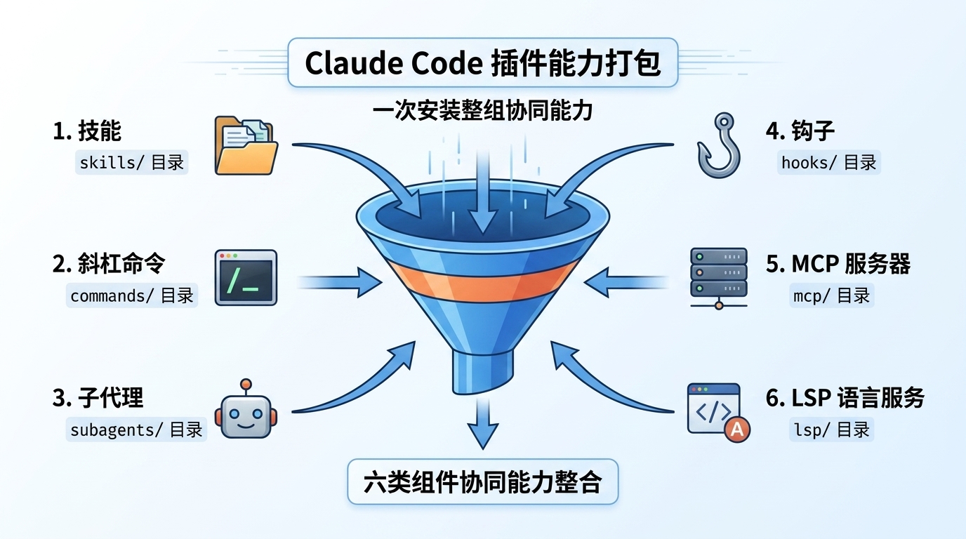 一个插件可以同时打包 Skill 技能、Slash Command 斜杠命令、Subagent 子 Agent、Hook 钩子、MCP 服务器和 LSP 语言服务,装一次就把这一整组配合好的能力都拿过来