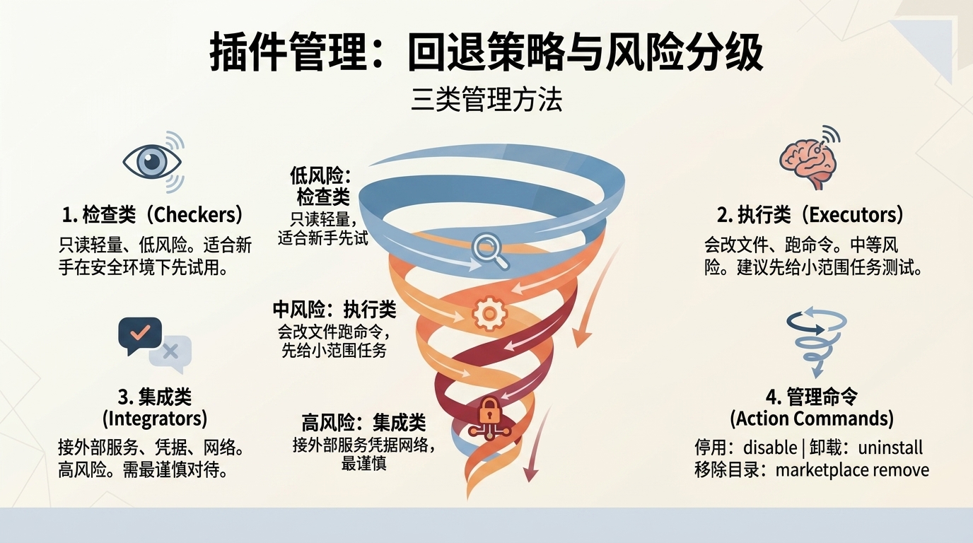 插件治理按风险分三类:低风险检查类适合新手入门,中风险执行类对应停用启用卸载与移除目录命令,高风险集成类接外部服务要谨慎,治理清单是优先停用非必要不卸载、集成类操作前备份、新手从检查类入手