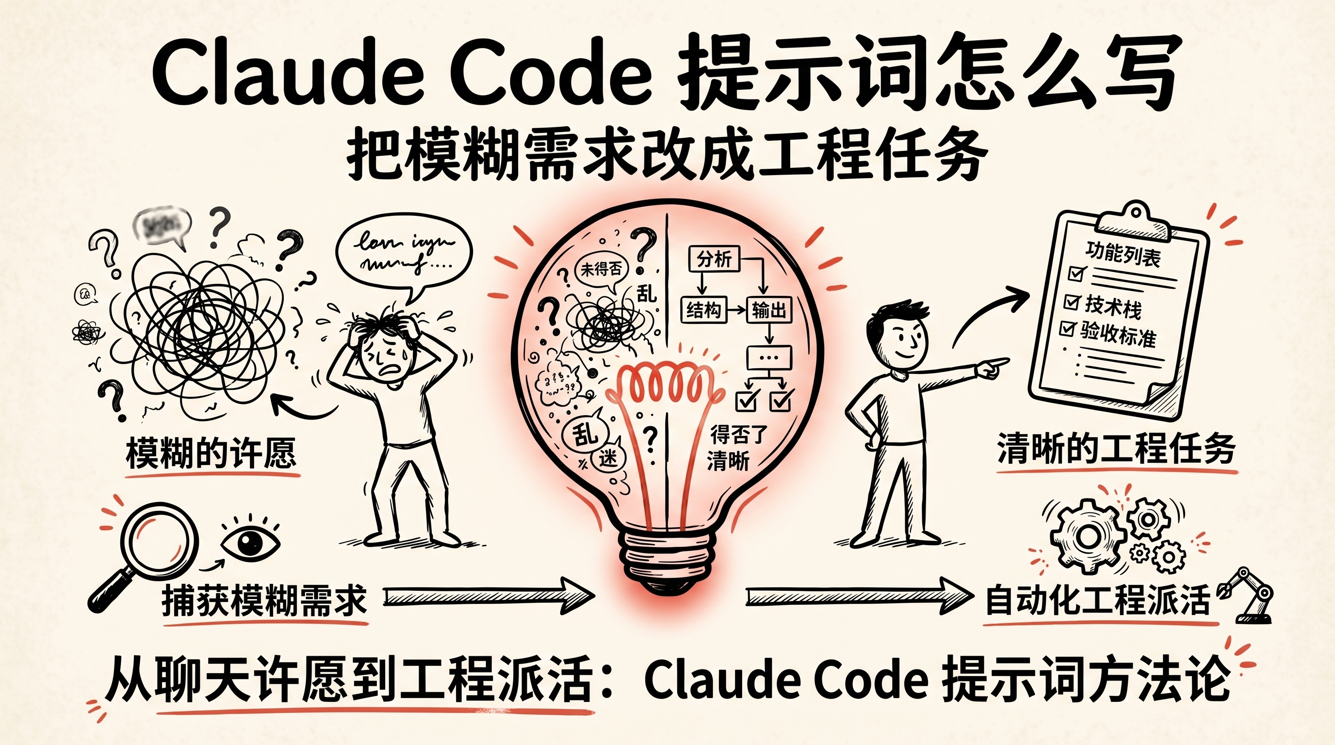 Claude Code 提示词怎么写新手指南：把模糊需求改成工程任务的五件套与前后对照改写